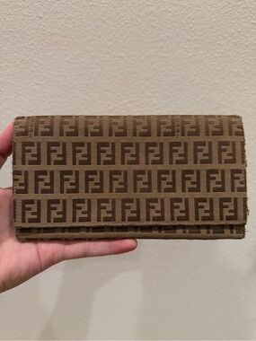 Vintage Fendi Brown Zucchino FF Monogram Folded Canvas and Leather Wallet